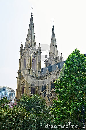 Shishi Sacred Heart of Jesus Cathedral spire Stock Photo