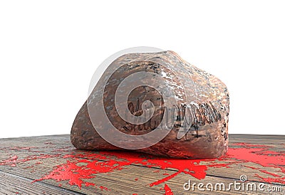 Shit happens text on heavy stone smash and small blood on wood floor 3d illustration Stock Photo