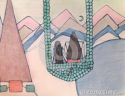 Shiva and Parvati near lake, Kailash Himalaya mountains geometry Cartoon Illustration