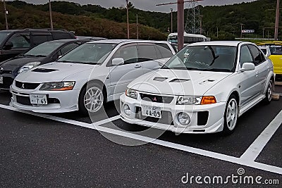 Shizuoka Japan September 8 2019 white Mitsubishi Lancer evolution IX station wagon and Mitsubishi Lancer evolution V Editorial Stock Photo