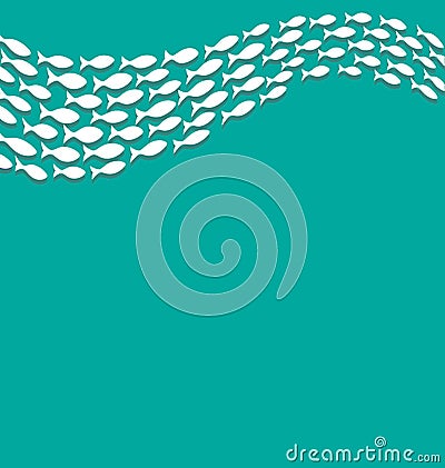 Shoal of white fishes isolated on cyan Vector Illustration