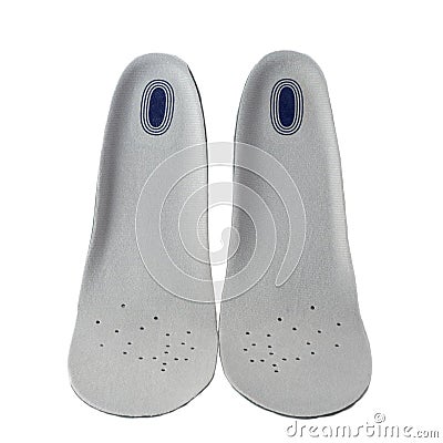 Shock absorbing sports insoles isolated on white background top view. Foam and silicone in the composition, top covering in soft, Stock Photo