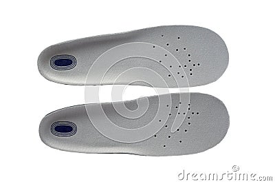 Shock absorbing sports insoles isolated on white background top view. Foam and silicone in the composition, top covering in soft, Stock Photo