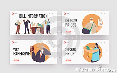 Shock Price, Bill Information Landing Page Template Set. Dissatisfied Characters Shocked with High Cost, Upset People Vector Illustration