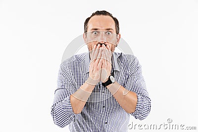 Shocked adult businessman mouth with hands. Stock Photo