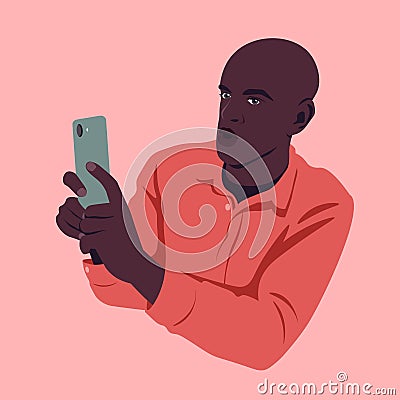 A shocked African male blogger takes pictures on his smartphone camera. Vector Illustration