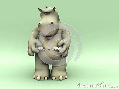 Shocked cartoon hippo measuring his waist. Stock Photo