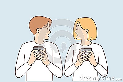 Shocked couple with phones surprised to read news or receive SMS mailing about bad weather Vector Illustration