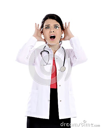 Shocked doctor woman expresses shock. Stock Photo