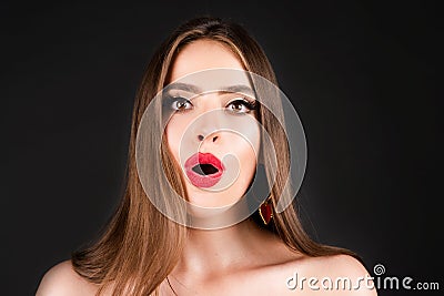 Shocked face of surprised young woman. Funny female shocked face expression. Unbelievable. Portrait of excited woman Stock Photo