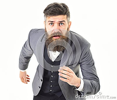 Shocked, frightened face. Negative emotions, hurry, no time concept. Stock Photo