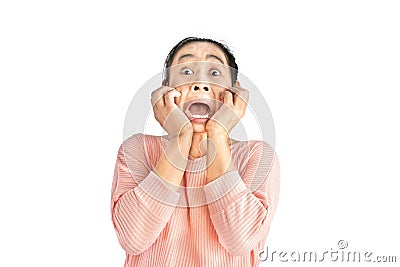Shocked and frightened face of young Asian woman wear pink t-shirt, Isolated on white background Stock Photo