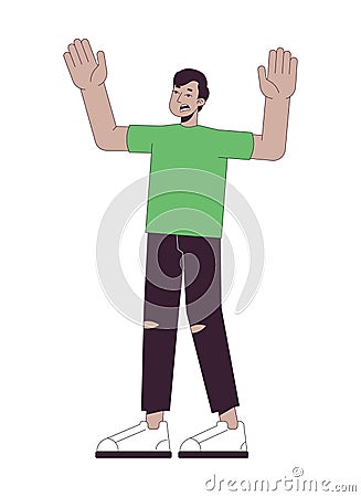 Shocked frustrated indian man holding hands up 2D linear cartoon character Vector Illustration