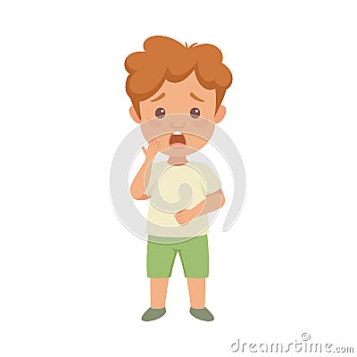Shocked Little Boy Character in Green Shorts in Standing Pose Gasping Front View Vector Illustration Stock Photo