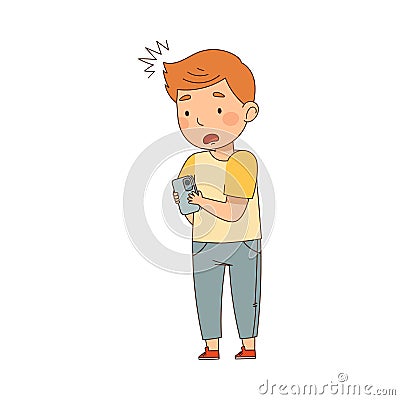 Shocked Little Boy Standing with Smartphone and Watching Something Vector Illustration Vector Illustration