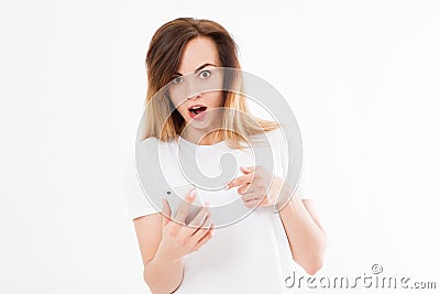Shocked look at phone, portrait surprised young girl,woman looking at smartphone seeing bad news or photos with stunned emotion Stock Photo