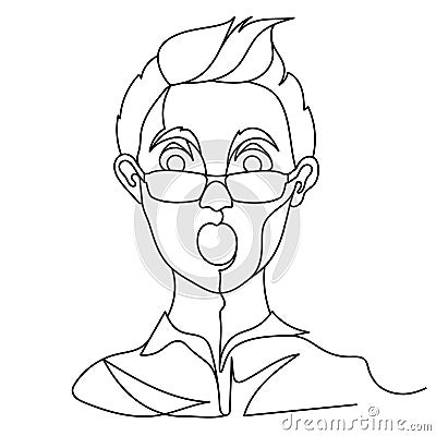 Shocked Man in Eyeglasses Portrait One Line Art. Surprised Male Facial Expression. Hand Drawn Linear Man Silhouette Vector Illustration