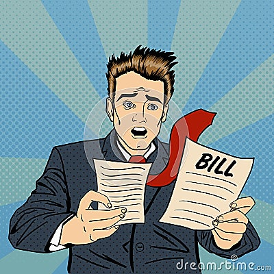 Shocked Man. Frustrated Businessman Checking Financial Documents Vector Illustration