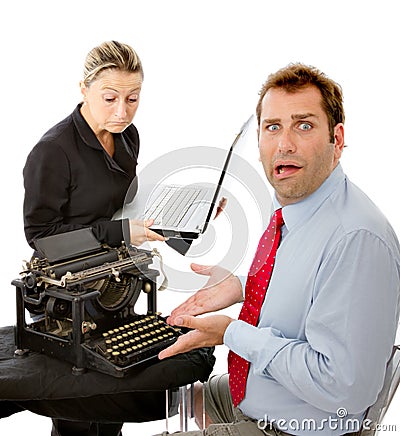 Shocked manager with obsolete equipment Stock Photo