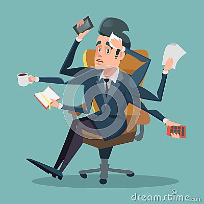 Shocked Multitasking Businessman at Office Work Vector Illustration