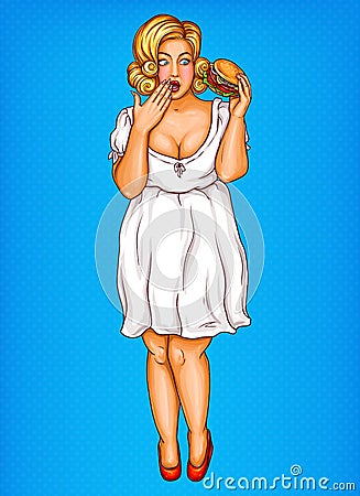 shocked fat obese blonde woman in white dress with hamburger, obesity from fast food concept in pop art. Cartoon Illustration