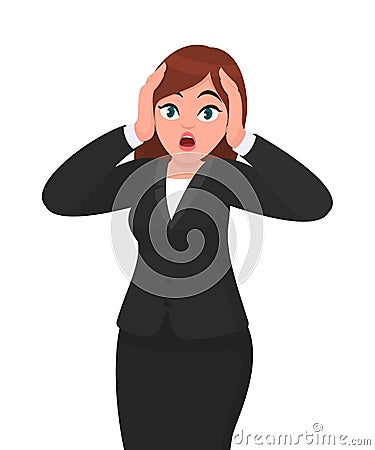 Shocked panic unhappy businesswoman holding hands on head and screaming in despair and frustration her eyes full of terror. Vector Illustration