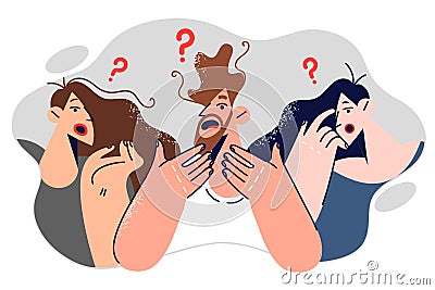 Shocked people experience fear and panic, opening mouths in surprise after watching fake news Vector Illustration