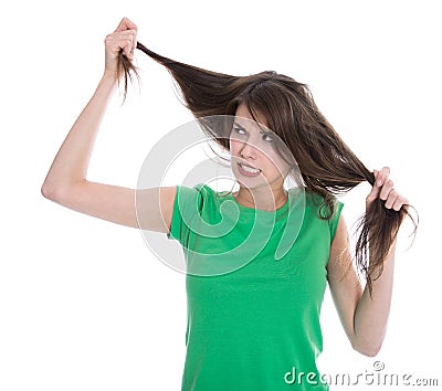 Shocked and sad woman - broken hair after coloration. Stock Photo