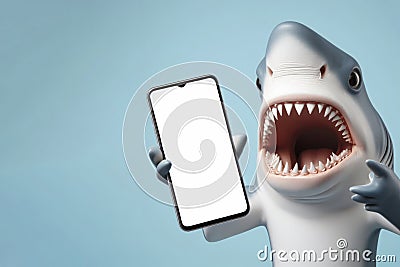 Shocked Shark holding smartphone with white mockup screen on solid color background. ai generative Stock Photo