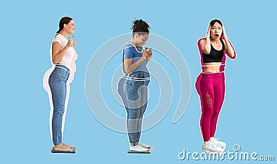 Shocked smiling international young women, overweight female drawn around, checking weight on scales Stock Photo