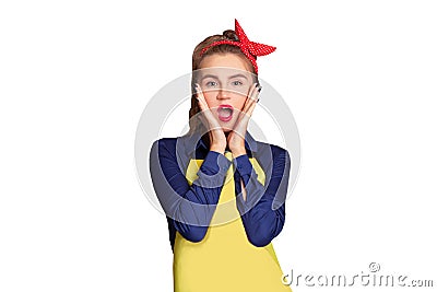 Shocked surprised woman in blue and yellow dress. Pinup housewife with trendy makeup isolated on white Stock Photo