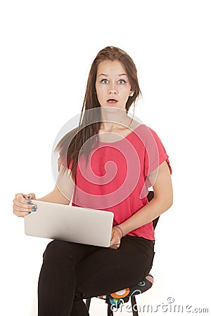 Shocked teen laptop looking big eyes Stock Photo