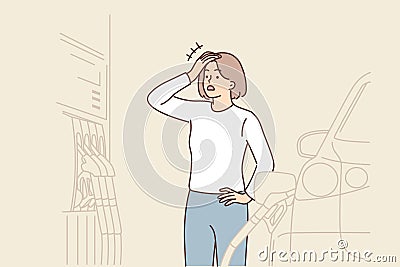 Shocked woman filling car at gas station opens mouth at high price of fuel driven up by inflation Vector Illustration