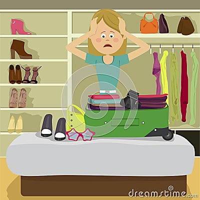 Shocked woman looking at overfilled suitcase in bed room Vector Illustration