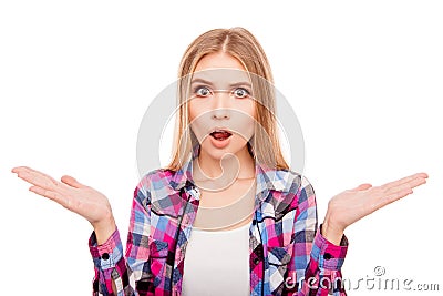 Shocked woman with open mouth gesturing with hands Stock Photo