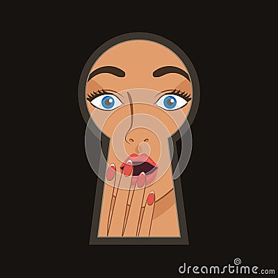 Shocked woman peeping through keyhole Vector Illustration