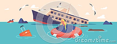 Shocked Woman Swim on Lifebuoy Trying to Survive in Ocean after Shipwreck. Female Character in Sea Sinking Ship Vector Illustration