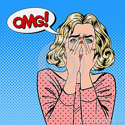 Shocked Woman. Woman Closes Eyes with Her Hands. Pop Art Vector Illustration