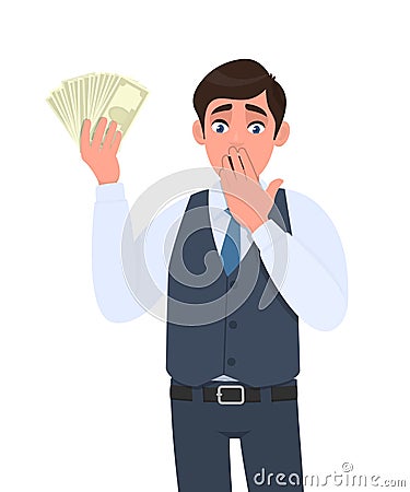 Shocked young businessman in waistcoat showing cash, money and covering hand on mouth. Scared person holding currency notes. Vector Illustration