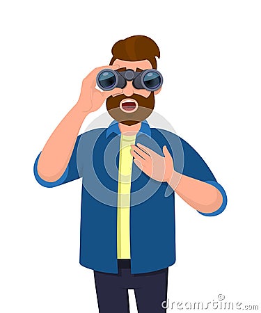 Shocked young man in casual wear looking through binoculars with opened mouth, holding hand on chest. Hipster male character. Vector Illustration