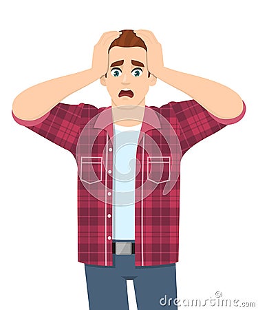 Shocked young man holding hand on head. Frustrated person screaming with fear expression. Stressed male character feeling upset. Vector Illustration
