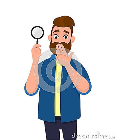 Shocked young man holding/showing magnifying glass and covering hand on mouth. Search, find, discovery, analyze, inspect. Vector Illustration