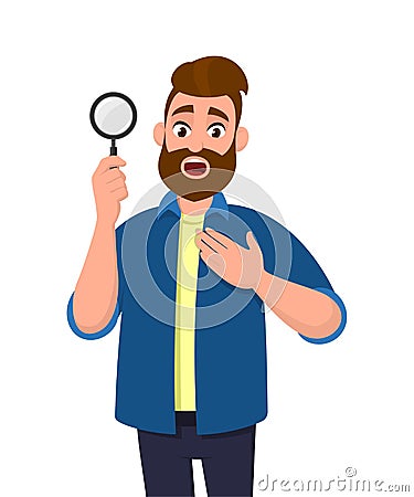 Shocked young man holding/showing magnifying glass and holding hand on chest. Search, find, discovery, analyze, inspect. Vector Illustration