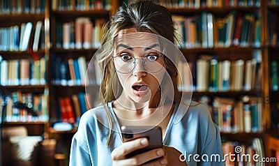 Shocked young woman with wide eyes and open mouth staring at her smartphone, expressing surprise and disbelief in a library full Stock Photo