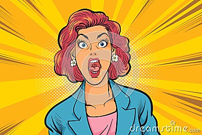 Shocking business woman hand up comic style.Beautiful surprised woman in the pop art comics style Vector Illustration