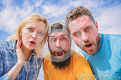 Shocking news. Amazed surprised face expression. How to impress people. Shocking impression. Men with beard and woman Stock Photo