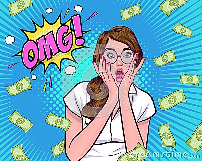 Shocking woman in glasses say OMG with close mouth by hands and Falling Down Money Vector Illustration