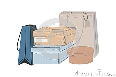 Shoe boxes composition. Cartoon stack of gift and shopping paper bags, hand drawn grocery packaging, store packets Vector Illustration