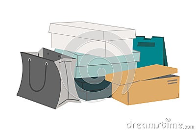 Shoe boxes composition. Stack of gift and shopping paper bags, Sale and discount marketing design element. Piles of Vector Illustration