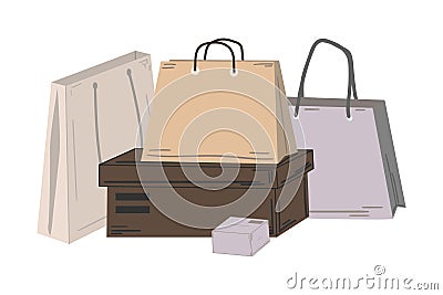 Shoe boxes and paper bags. Cartoon purchases packages composition. Gift and shopping cardboard containers. Hand drawn Vector Illustration